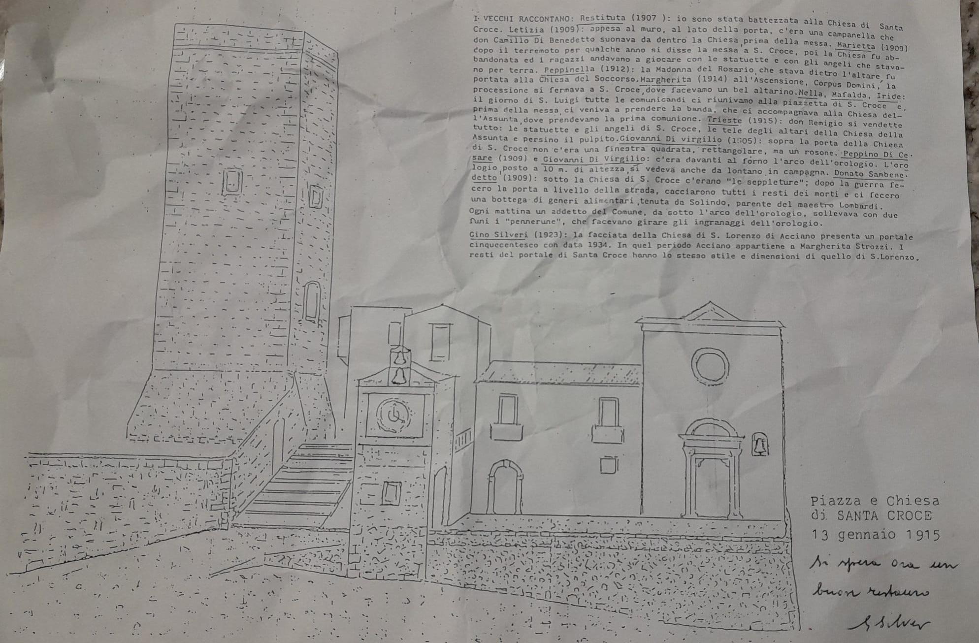 raffigurazione grafica della Chiesa di Santa Croce e dell'orologio, documento rinvenuto da Lucio Santilli